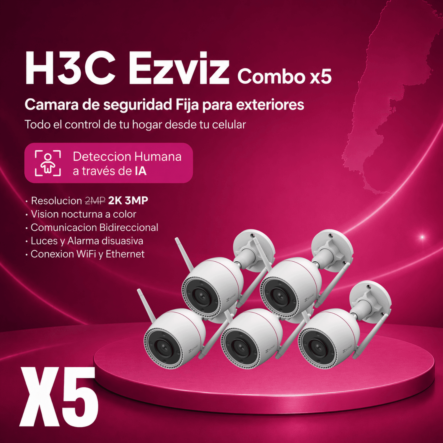 H3C 2MP Color - Combo x5 - Cámara WiFi Exterior Fija | Oferta limitada UPGRADE⭐