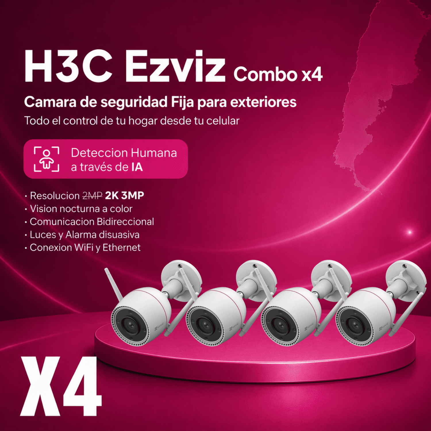 H3C 2MP Color - Combo x4 - Cámara WiFi Exterior Fija | Oferta limitada UPGRADE⭐